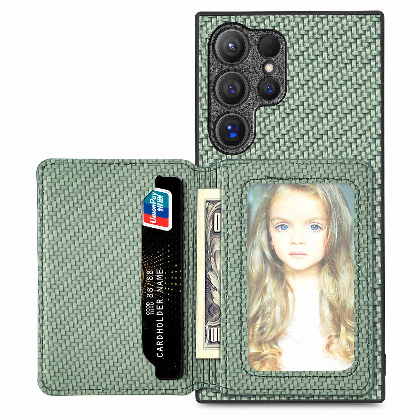 For Samsung Galaxy S24 Ultra Back Case with Card Slot Carbon Fiber Texture Phone Cover Kickstand - Green