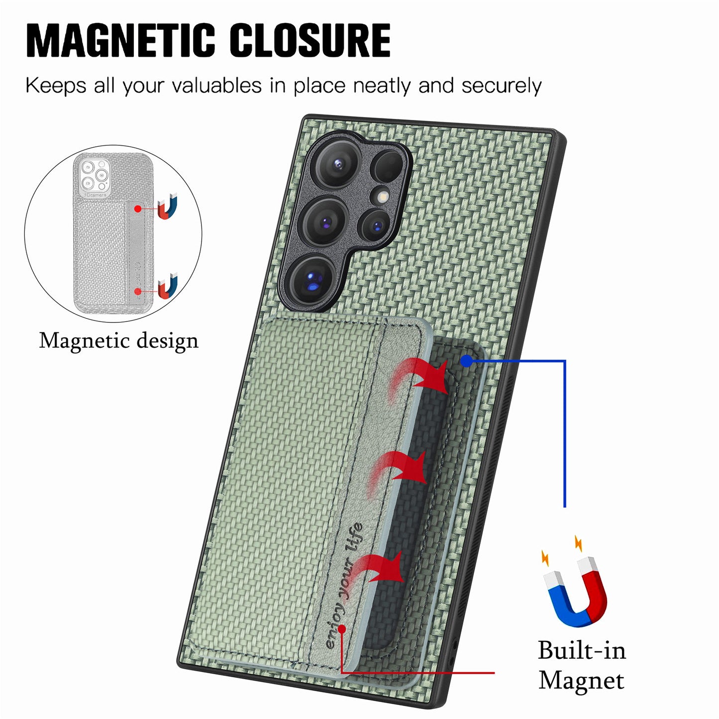 For Samsung Galaxy S24 Ultra Back Case with Card Slot Carbon Fiber Texture Phone Cover Kickstand - Green