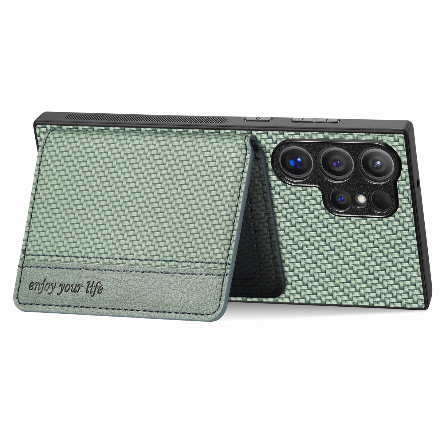 For Samsung Galaxy S24 Ultra Back Case with Card Slot Carbon Fiber Texture Phone Cover Kickstand - Blue