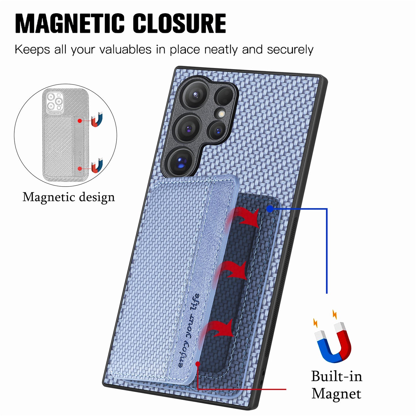 For Samsung Galaxy S24 Ultra Back Case with Card Slot Carbon Fiber Texture Phone Cover Kickstand - Blue