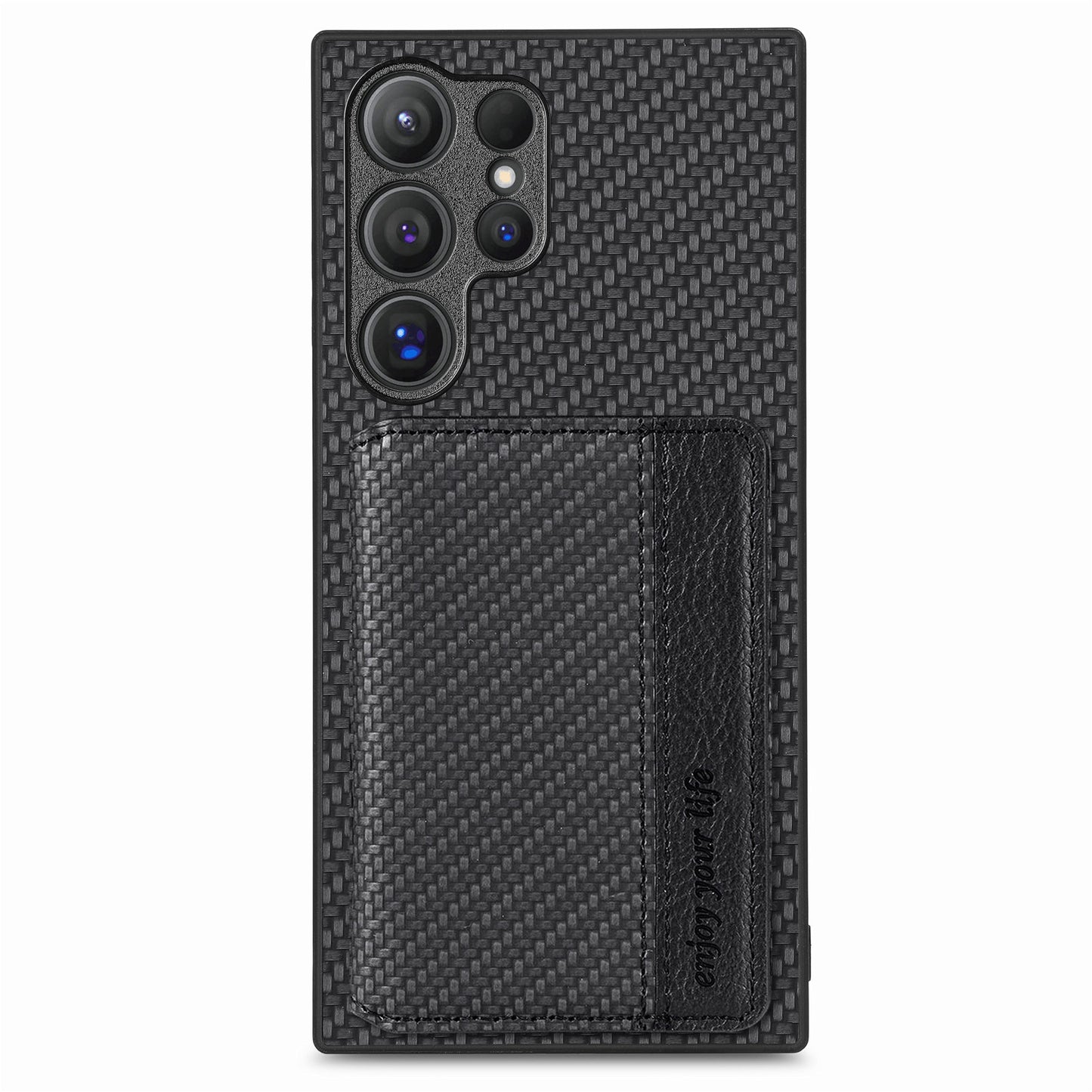 For Samsung Galaxy S24 Ultra Back Case with Card Slot Carbon Fiber Texture Phone Cover Kickstand - Black