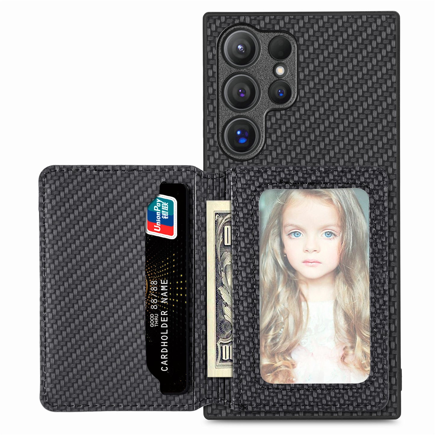 For Samsung Galaxy S24 Ultra Back Case with Card Slot Carbon Fiber Texture Phone Cover Kickstand - Black