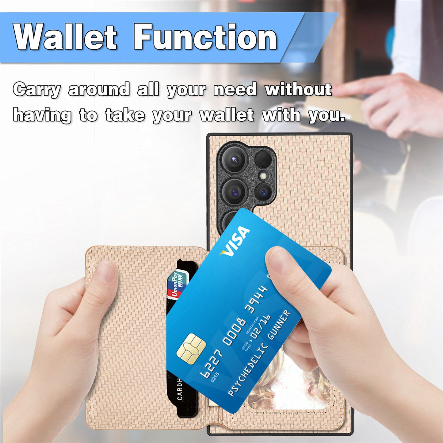 For Samsung Galaxy S24 Ultra Back Case with Card Slot Carbon Fiber Texture Phone Cover Kickstand - Black