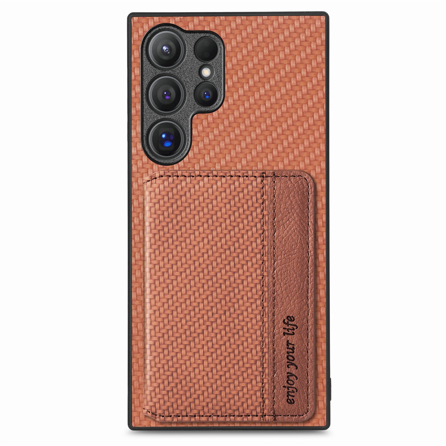 For Samsung Galaxy S24 Ultra Back Case with Card Slot Carbon Fiber Texture Phone Cover Kickstand - Brown