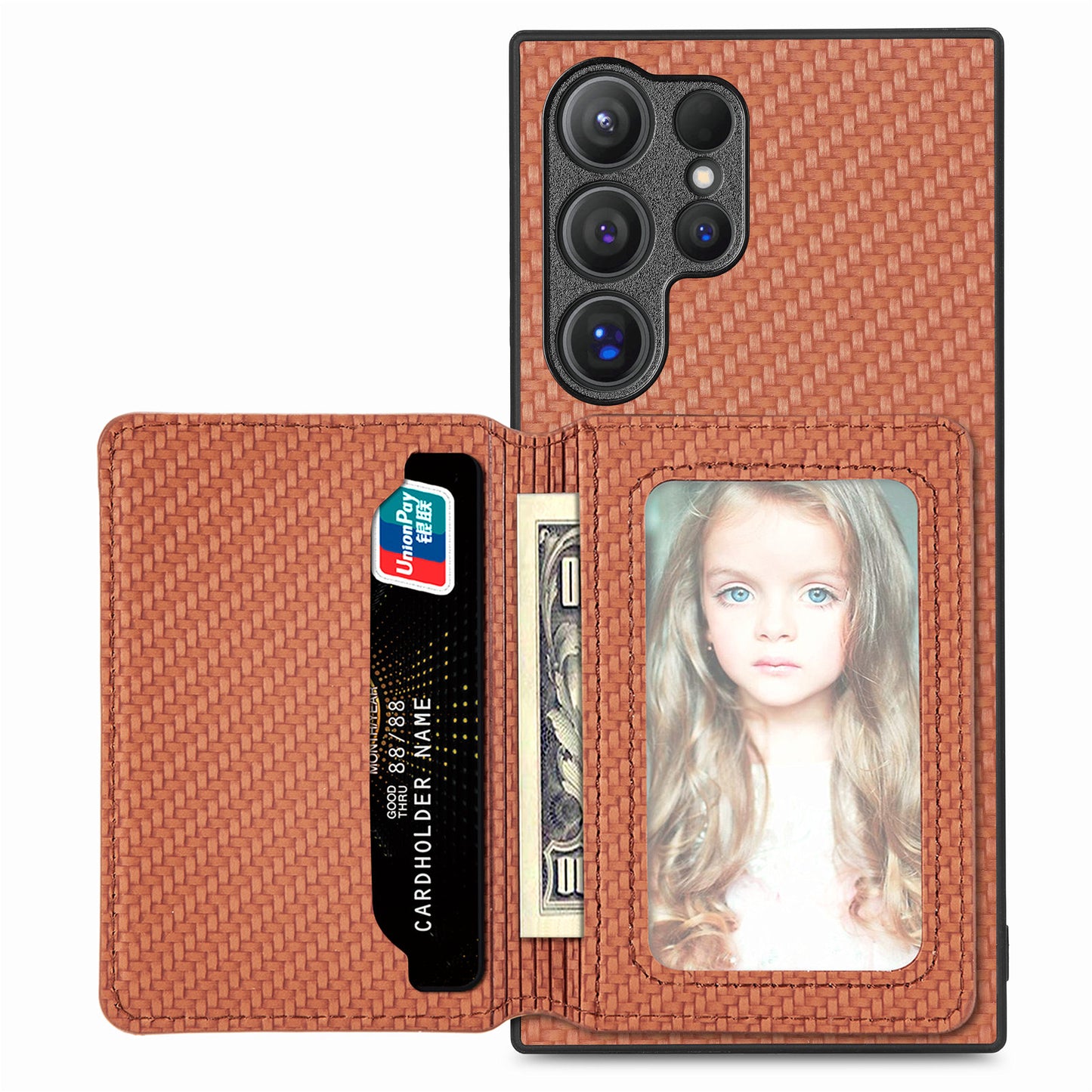 For Samsung Galaxy S24 Ultra Back Case with Card Slot Carbon Fiber Texture Phone Cover Kickstand - Brown