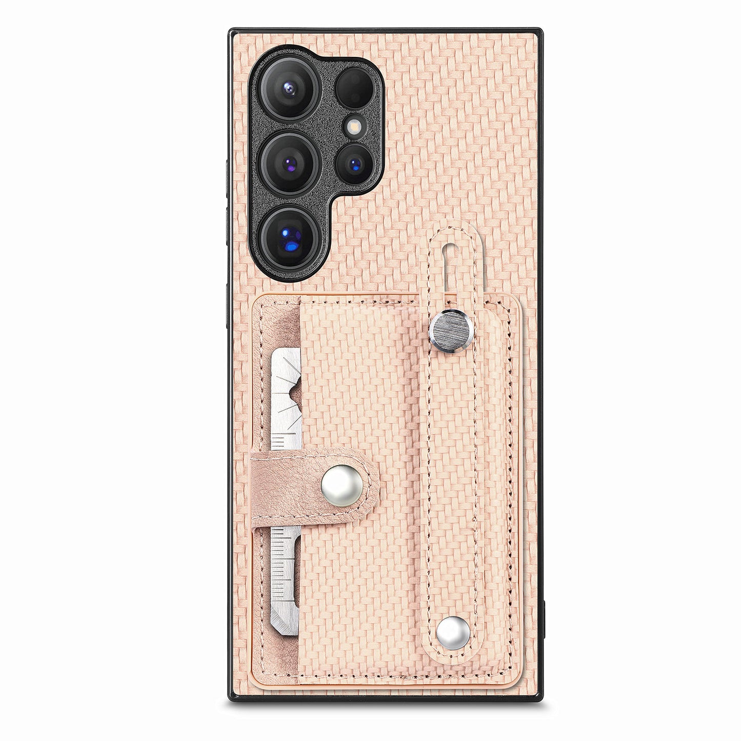 For Samsung Galaxy S24 Ultra Leather Back Case with Card Slots Wristband Kickstand - Khaki