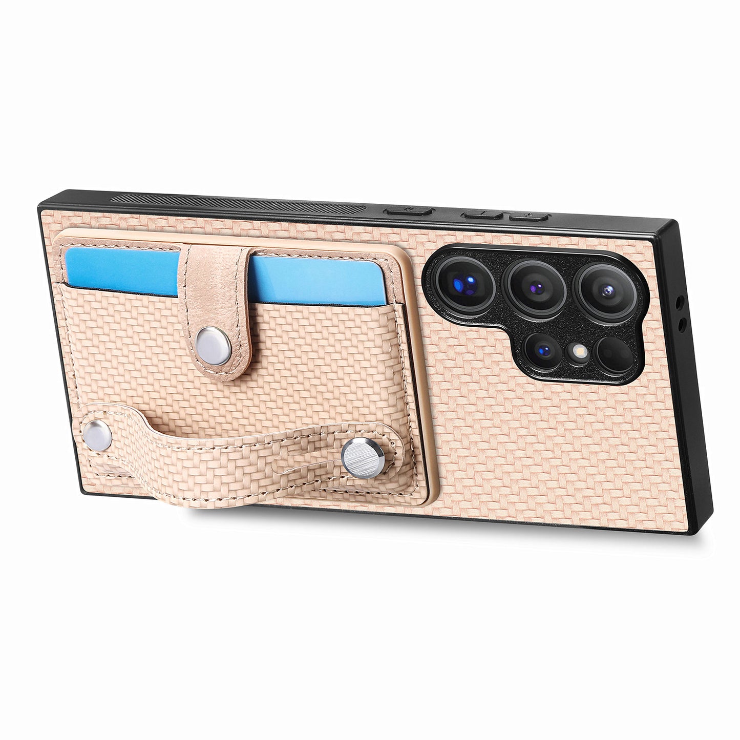 For Samsung Galaxy S24 Ultra Leather Back Case with Card Slots Wristband Kickstand - Khaki