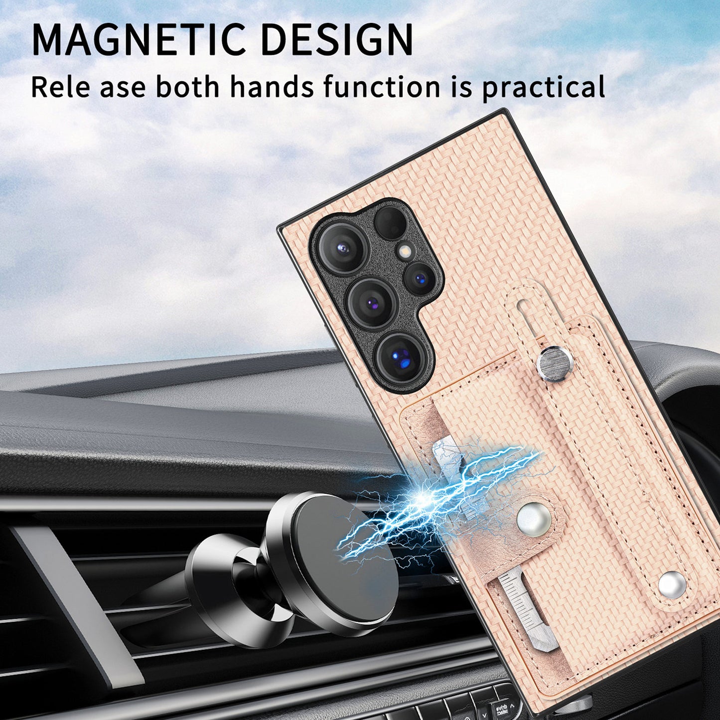 For Samsung Galaxy S24 Ultra Leather Back Case with Card Slots Wristband Kickstand - Khaki