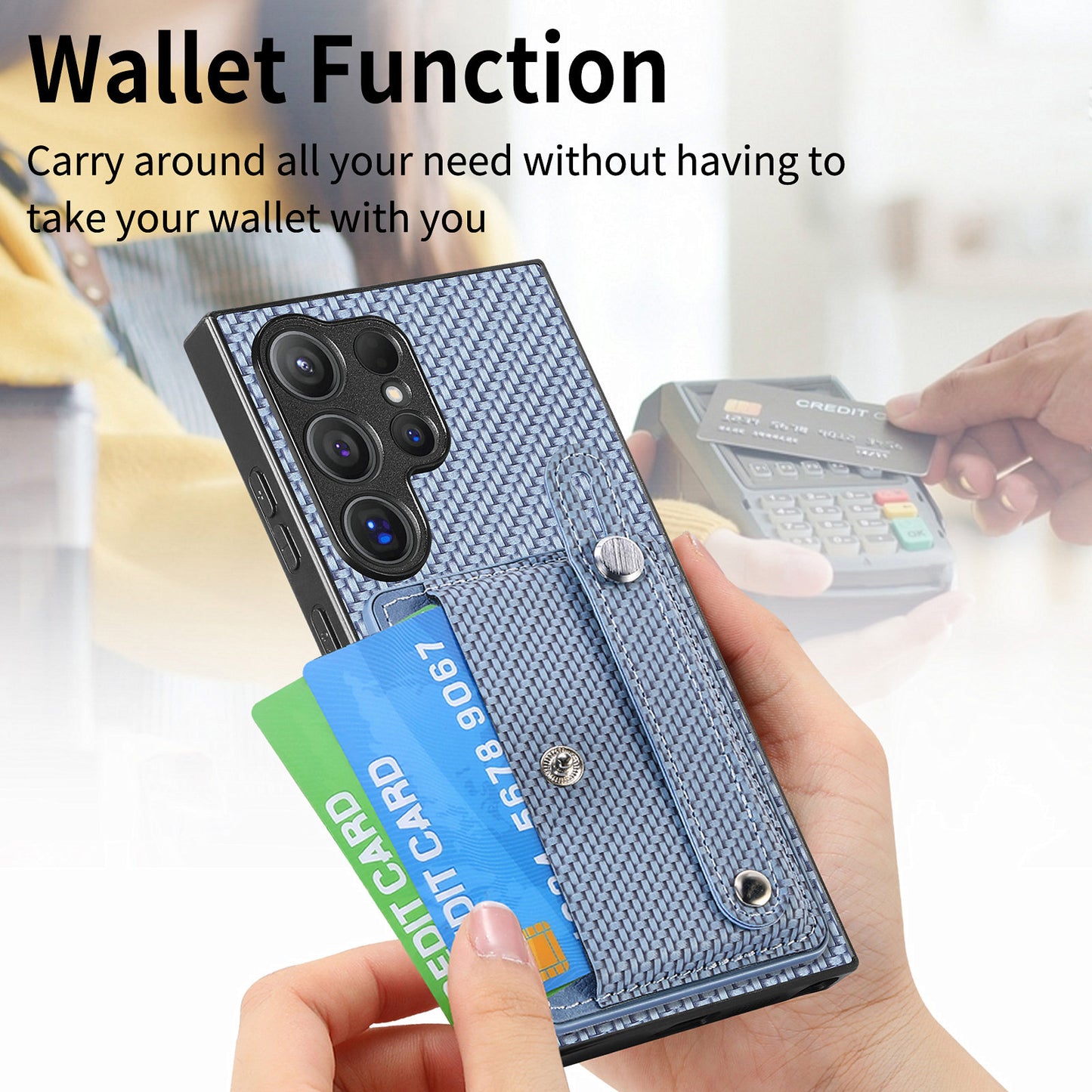 For Samsung Galaxy S24 Ultra Leather Back Case with Card Slots Wristband Kickstand - Blue