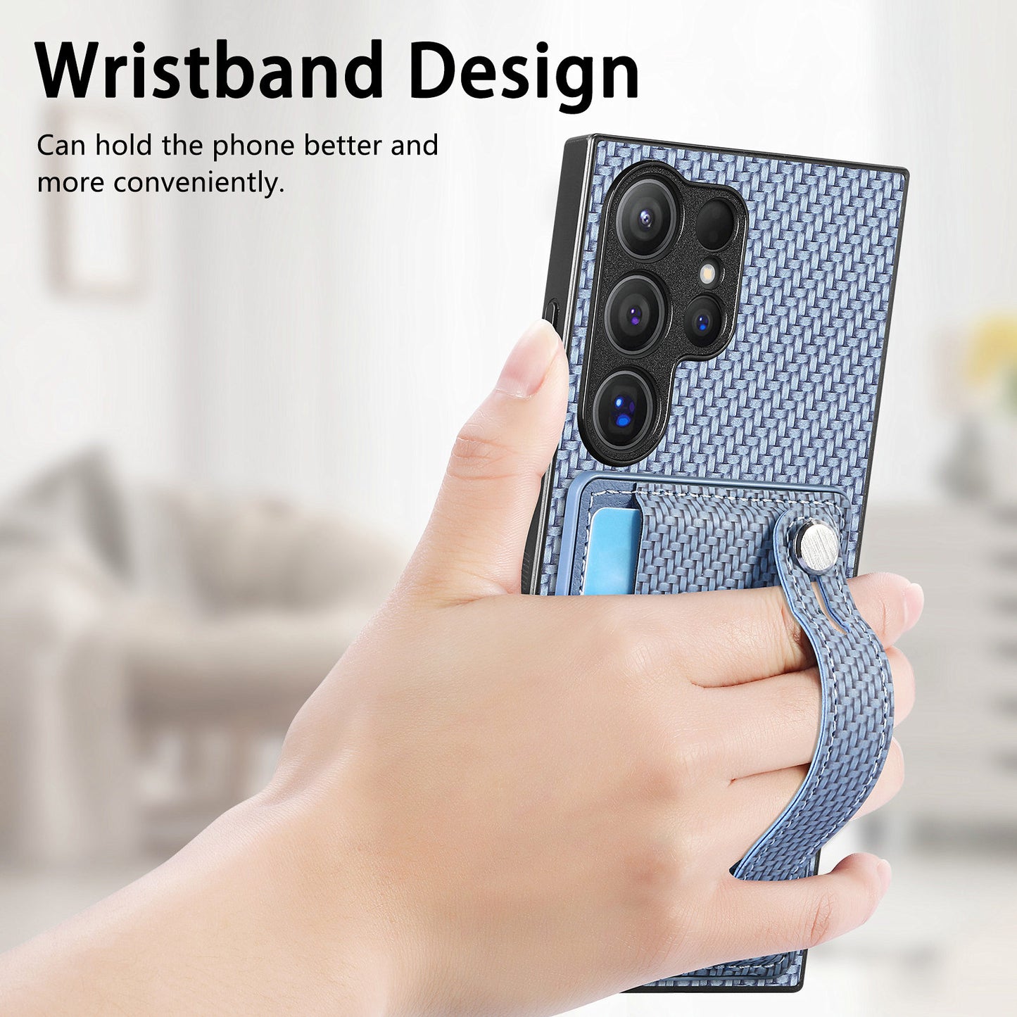 For Samsung Galaxy S24 Ultra Leather Back Case with Card Slots Wristband Kickstand - Blue