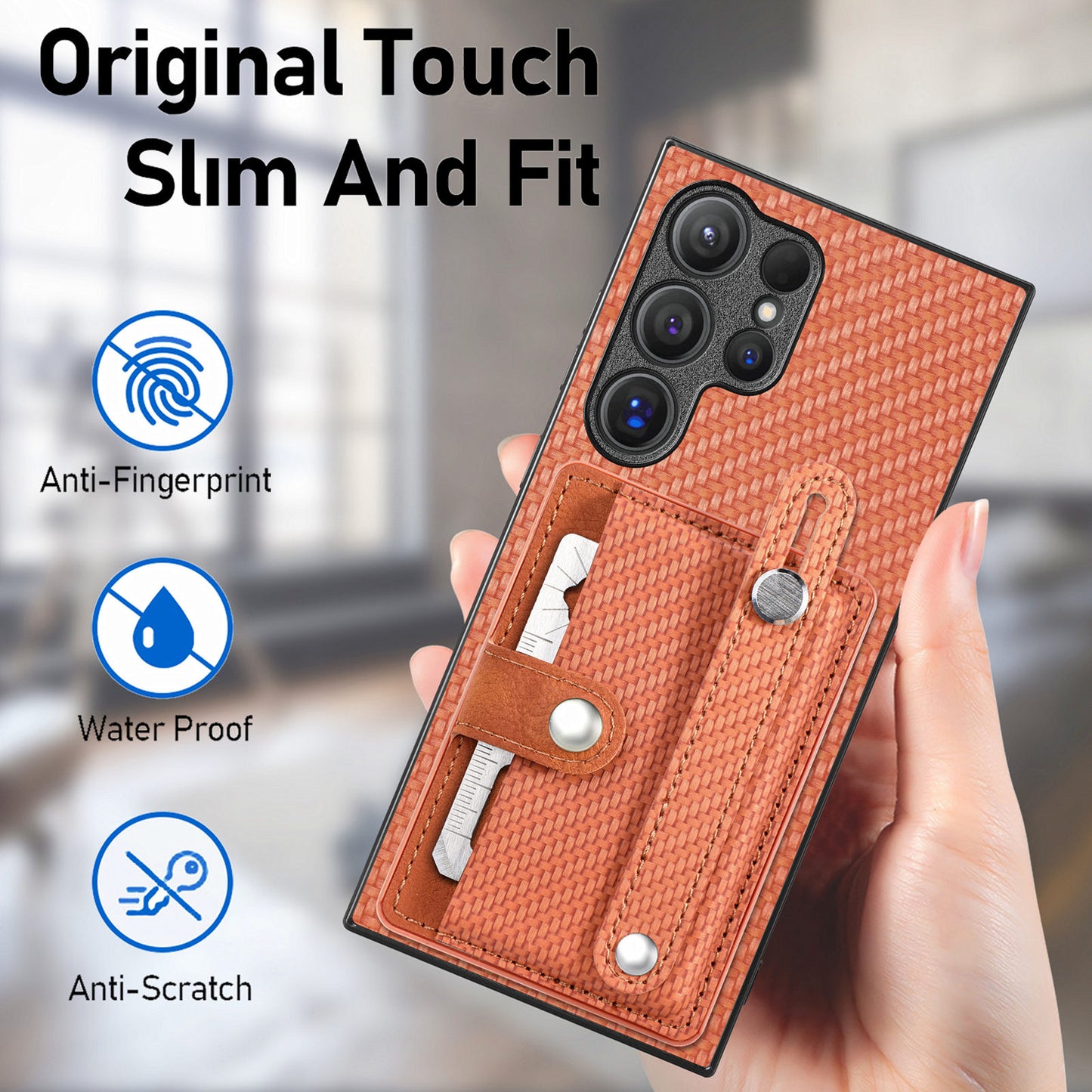 For Samsung Galaxy S24 Ultra Leather Back Case with Card Slots Wristband Kickstand - Brown
