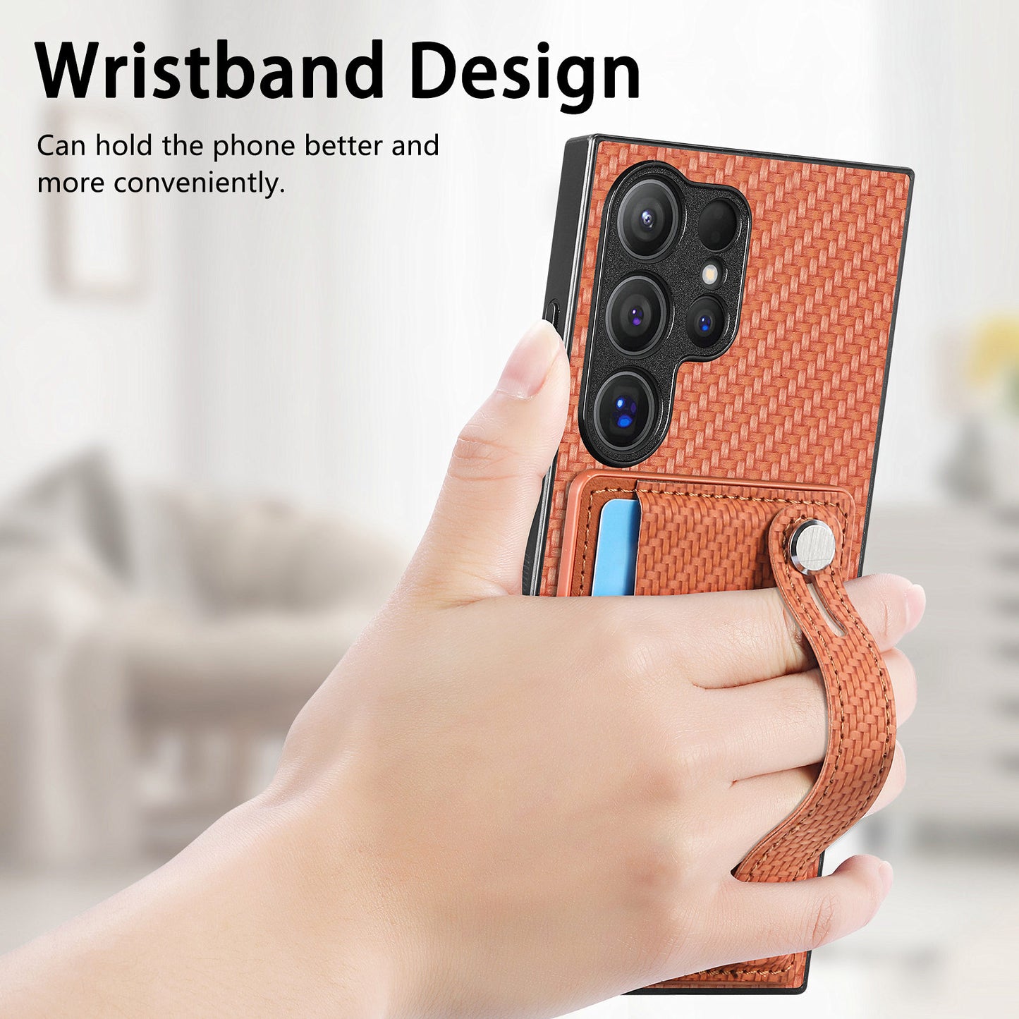 For Samsung Galaxy S24 Ultra Leather Back Case with Card Slots Wristband Kickstand - Brown