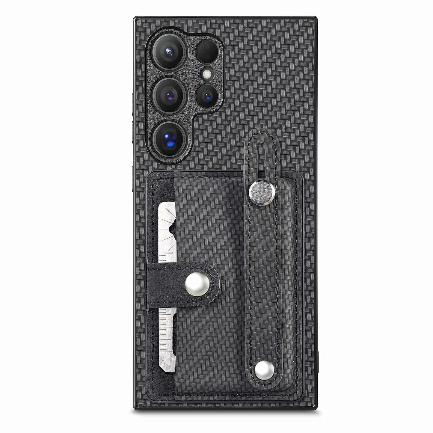 For Samsung Galaxy S24 Ultra Leather Back Case with Card Slots Wristband Kickstand - Black