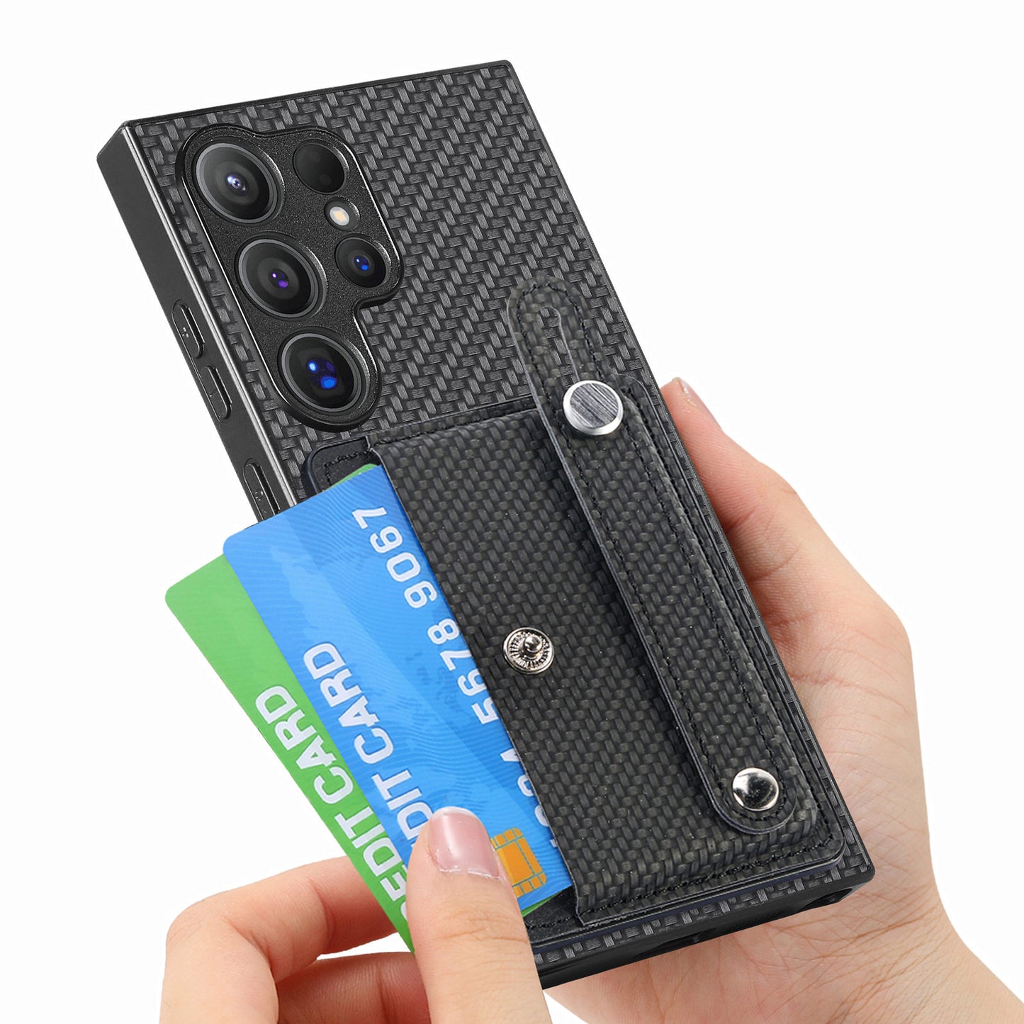 For Samsung Galaxy S24 Ultra Leather Back Case with Card Slots Wristband Kickstand - Black
