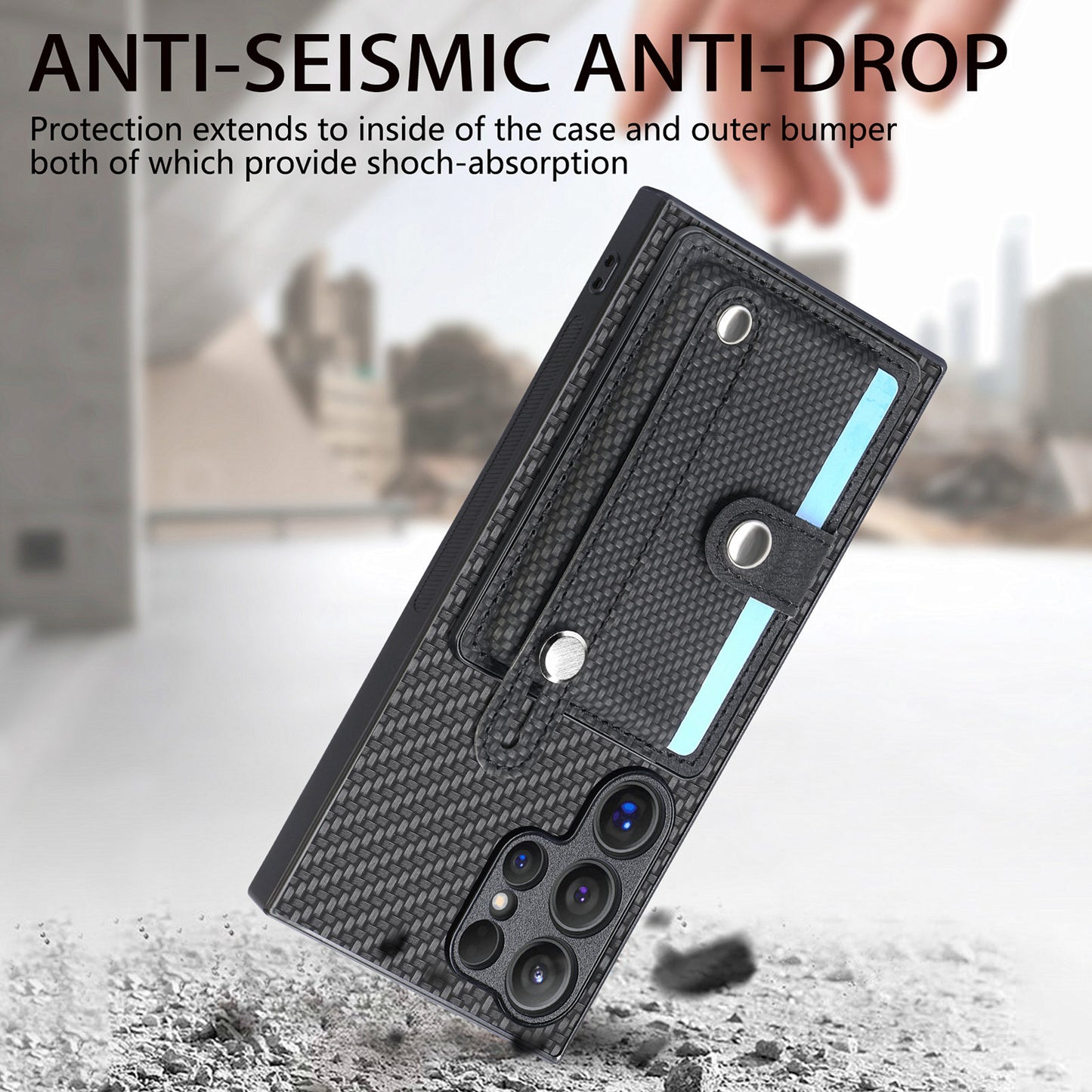 For Samsung Galaxy S24 Ultra Leather Back Case with Card Slots Wristband Kickstand - Black