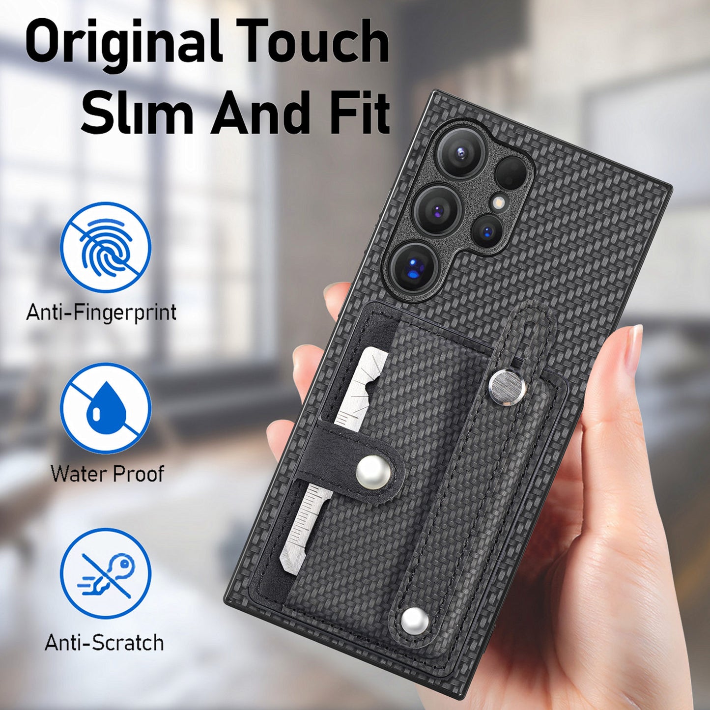 For Samsung Galaxy S24 Ultra Leather Back Case with Card Slots Wristband Kickstand - Black