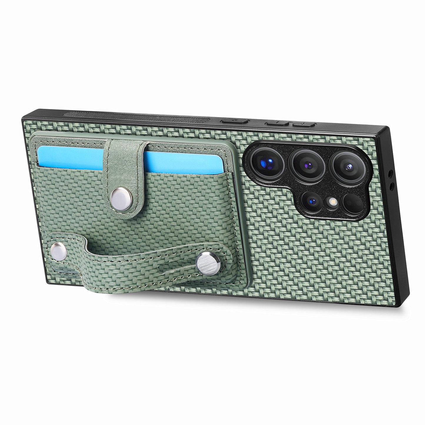 For Samsung Galaxy S24 Ultra Leather Back Case with Card Slots Wristband Kickstand - Green