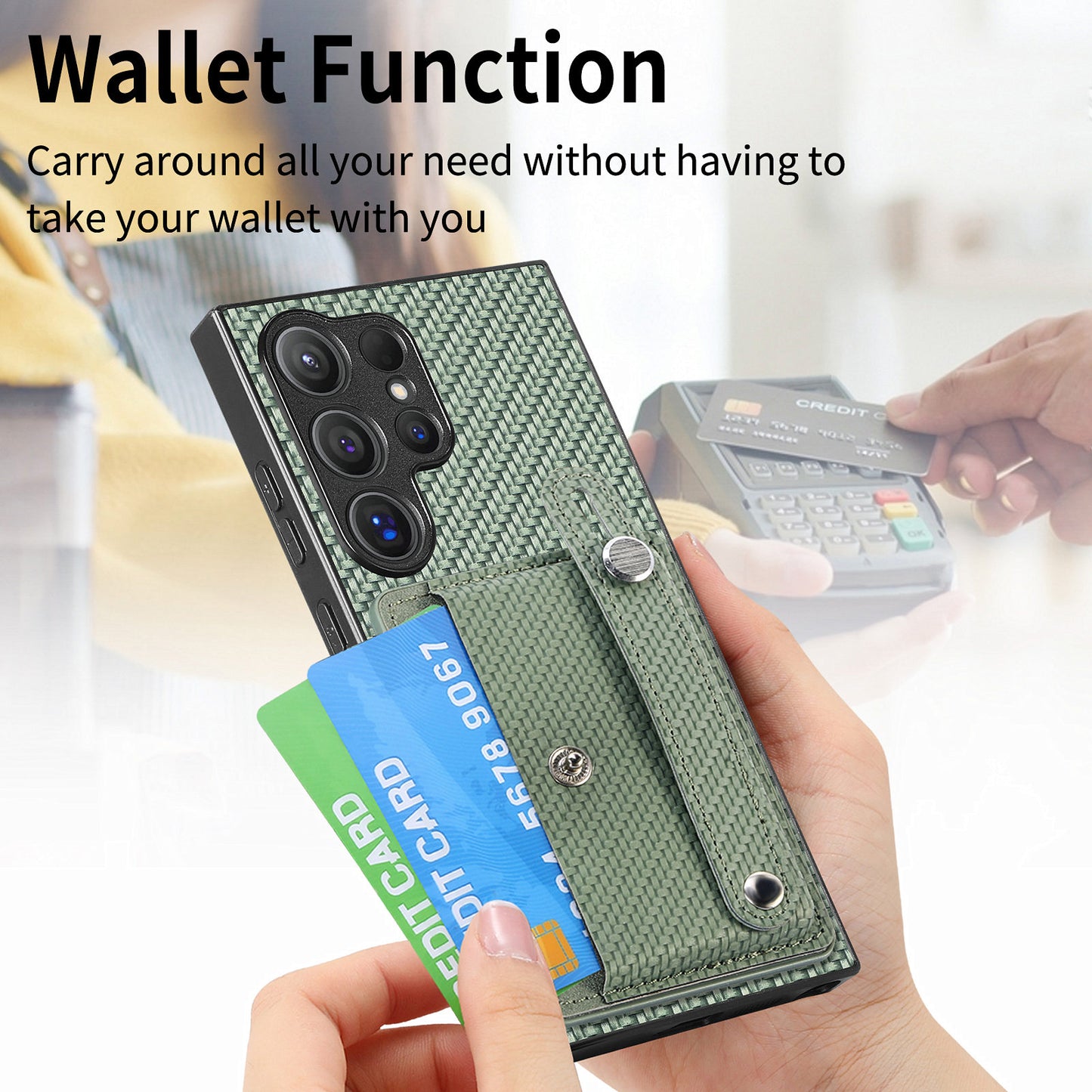 For Samsung Galaxy S24 Ultra Leather Back Case with Card Slots Wristband Kickstand - Green