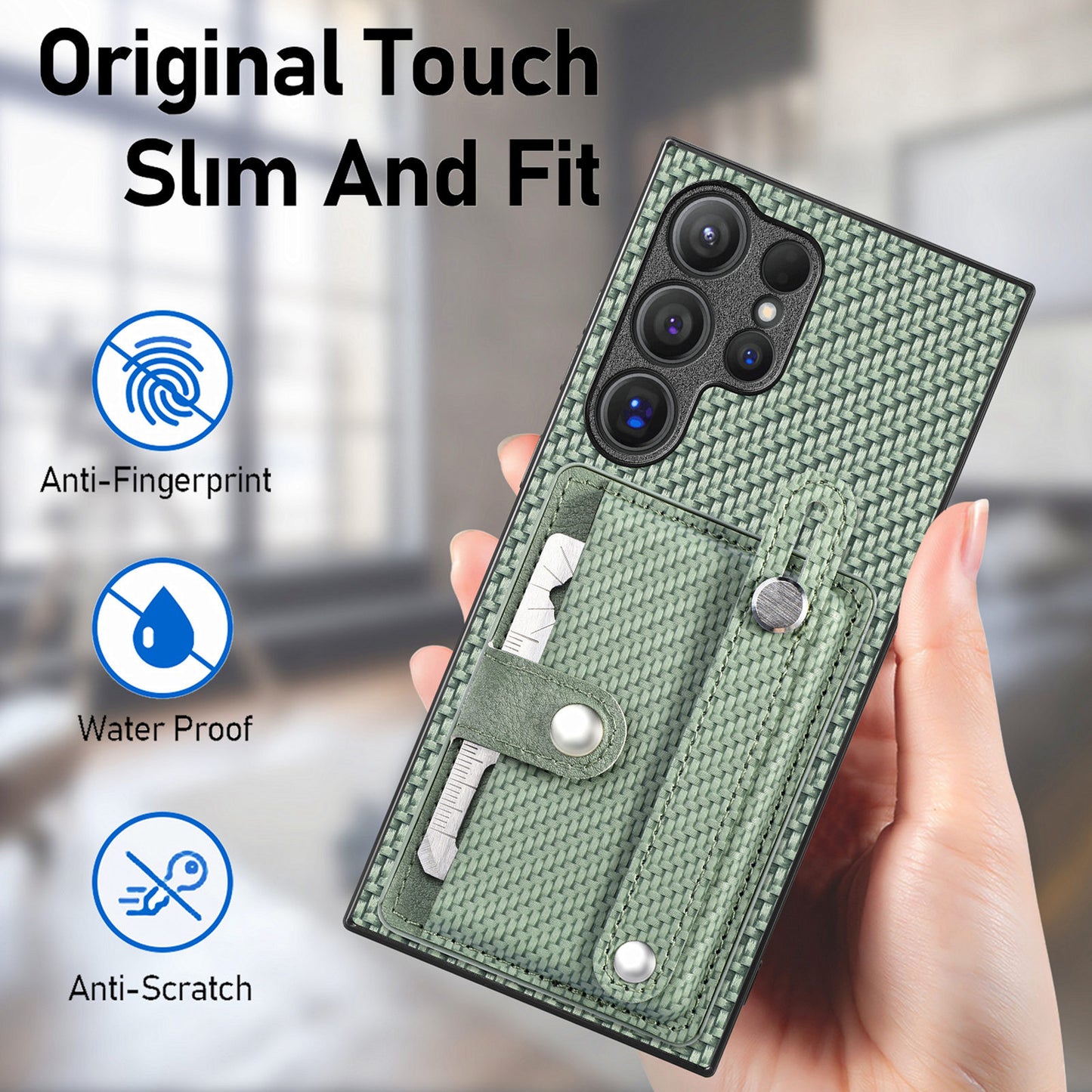 For Samsung Galaxy S24 Ultra Leather Back Case with Card Slots Wristband Kickstand - Green