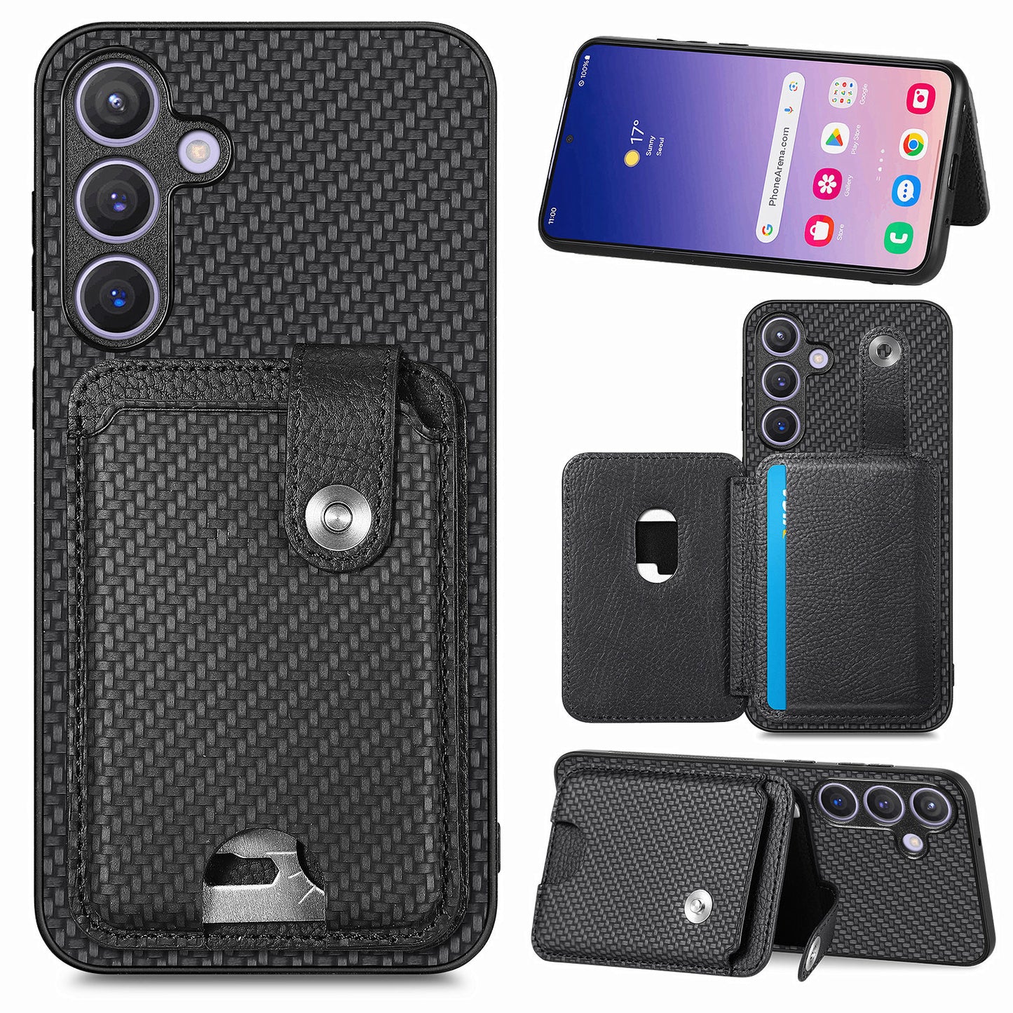 For Samsung Galaxy S24+ Case Carbon Tiber Texture Back Cover with Card Bag Multi-functional Tool - Black