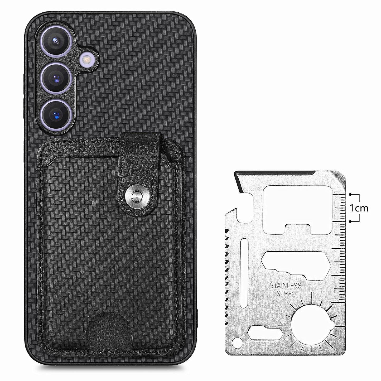 For Samsung Galaxy S24+ Case Carbon Tiber Texture Back Cover with Card Bag Multi-functional Tool - Black