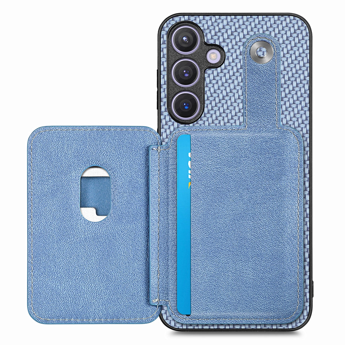 For Samsung Galaxy S24+ Case Carbon Tiber Texture Back Cover with Card Bag Multi-functional Tool - Blue