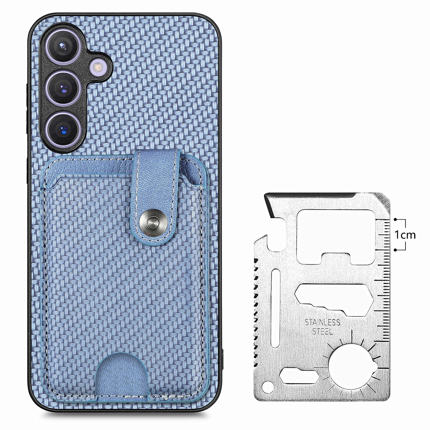 For Samsung Galaxy S24+ Case Carbon Tiber Texture Back Cover with Card Bag Multi-functional Tool - Blue
