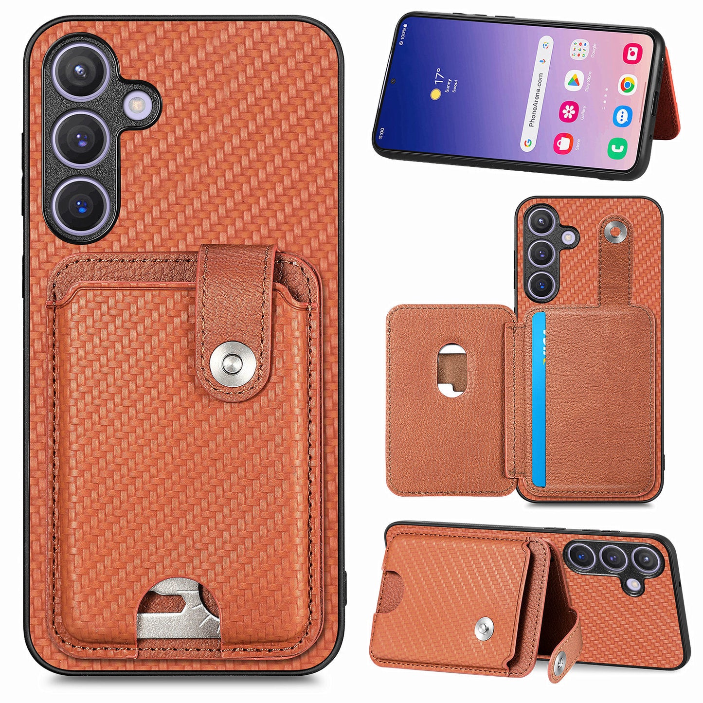 For Samsung Galaxy S24+ Case Carbon Tiber Texture Back Cover with Card Bag Multi-functional Tool - Brown