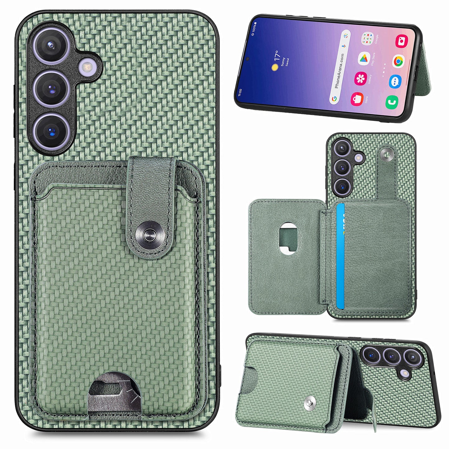 For Samsung Galaxy S24+ Case Carbon Tiber Texture Back Cover with Card Bag Multi-functional Tool - Green