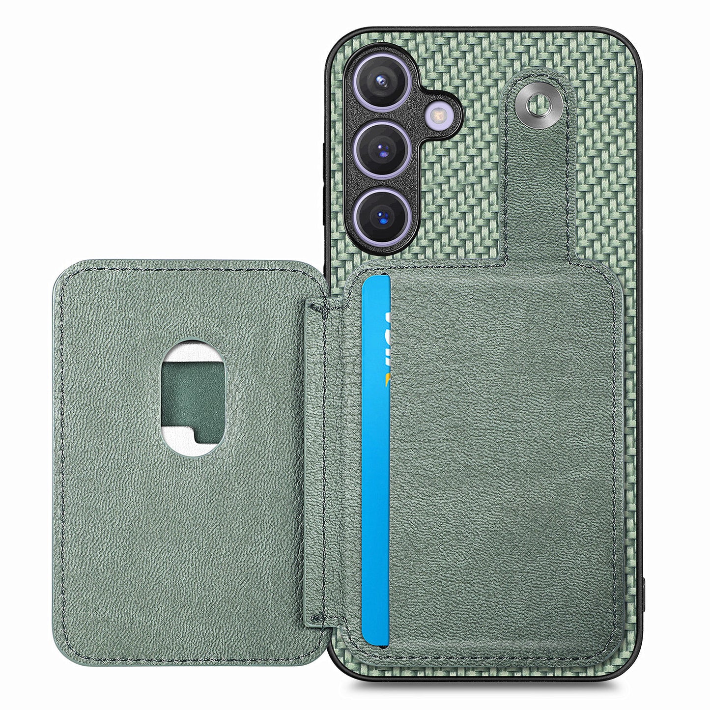 For Samsung Galaxy S24+ Case Carbon Tiber Texture Back Cover with Card Bag Multi-functional Tool - Green