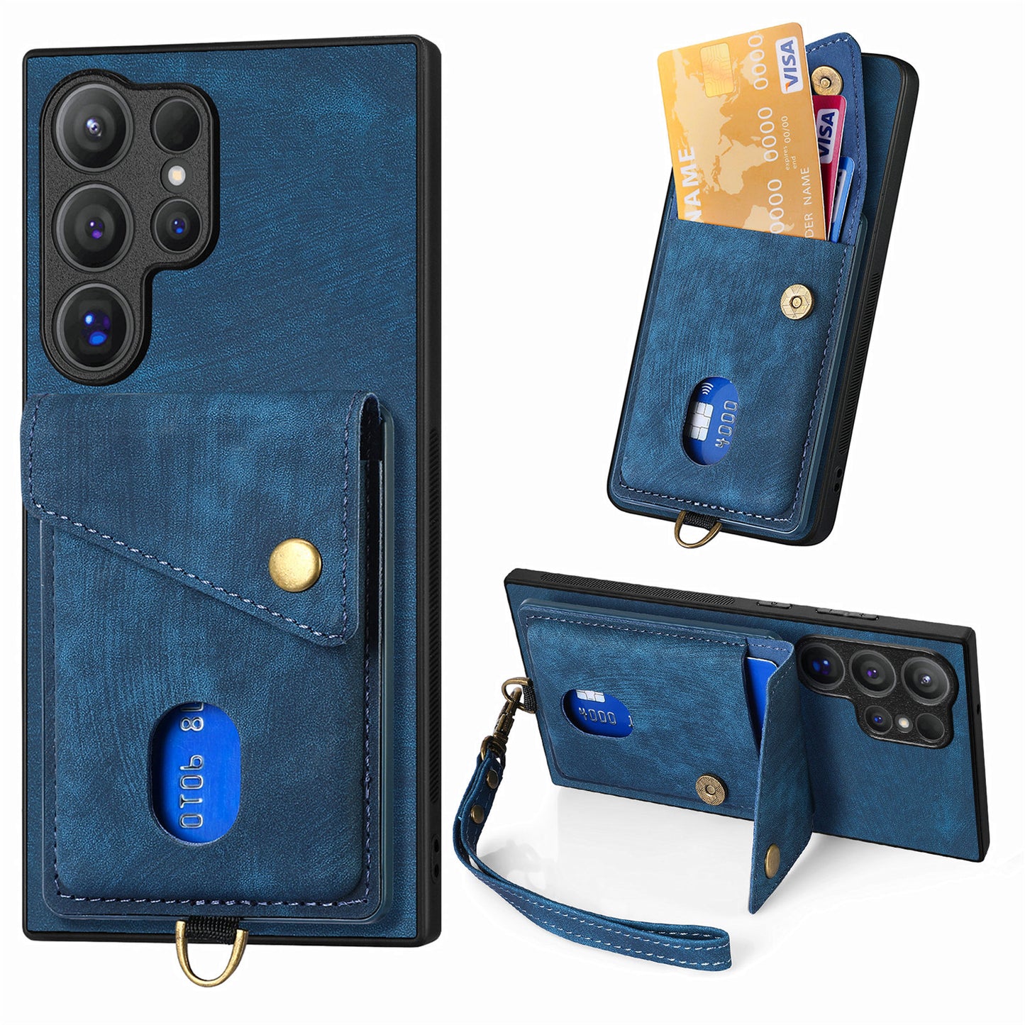 D1 For Samsung Galaxy S24 Ultra Phone Case with Card Holder Kickstand - Blue