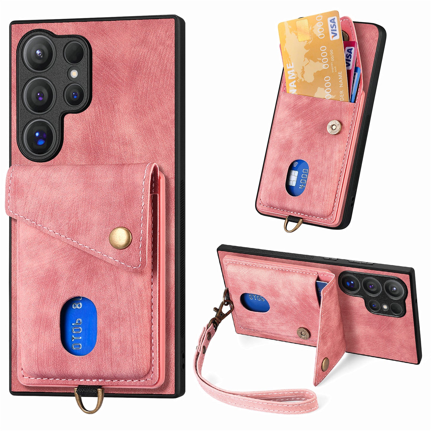 D1 For Samsung Galaxy S24 Ultra Phone Case with Card Holder Kickstand - Pink