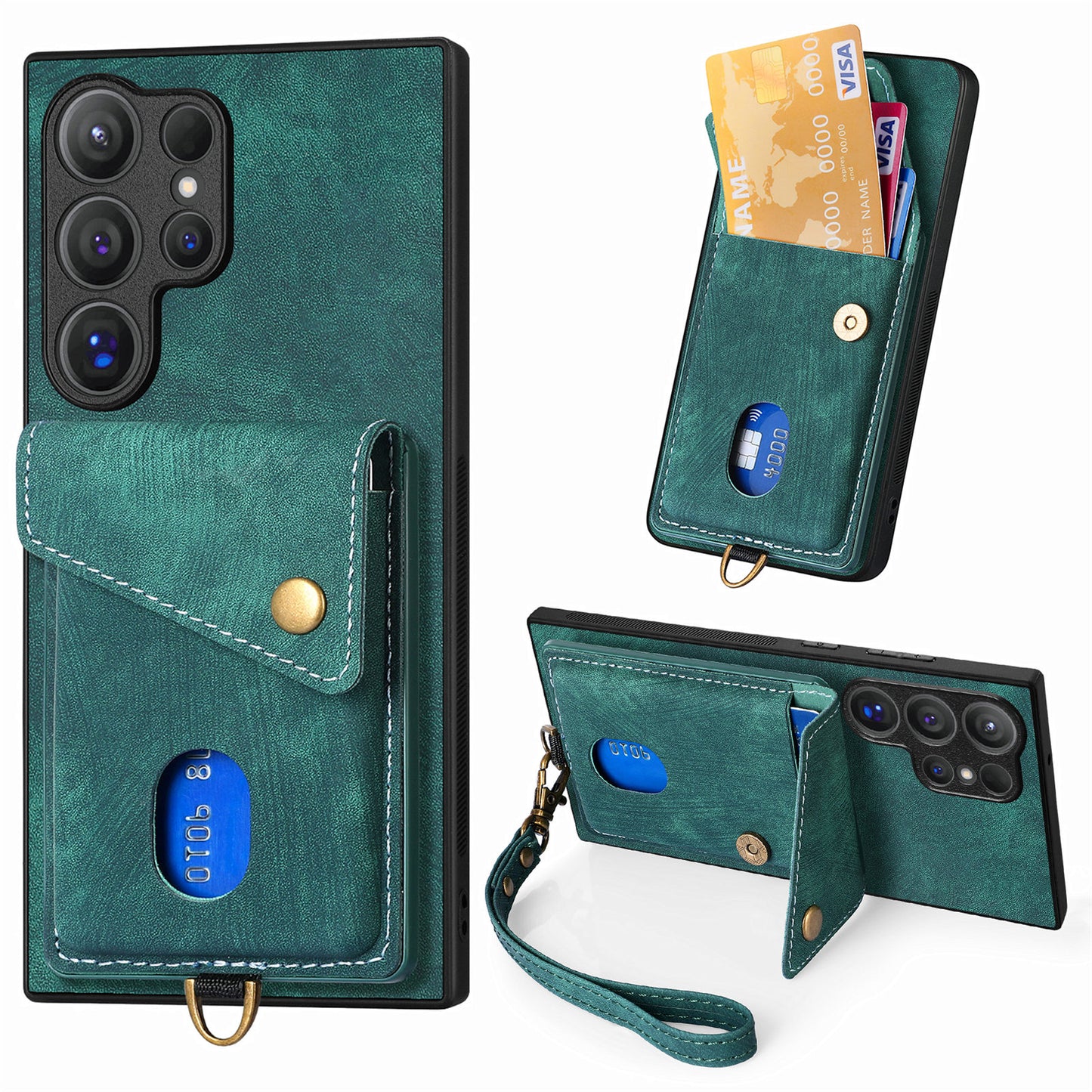 D1 For Samsung Galaxy S24 Ultra Phone Case with Card Holder Kickstand - Green