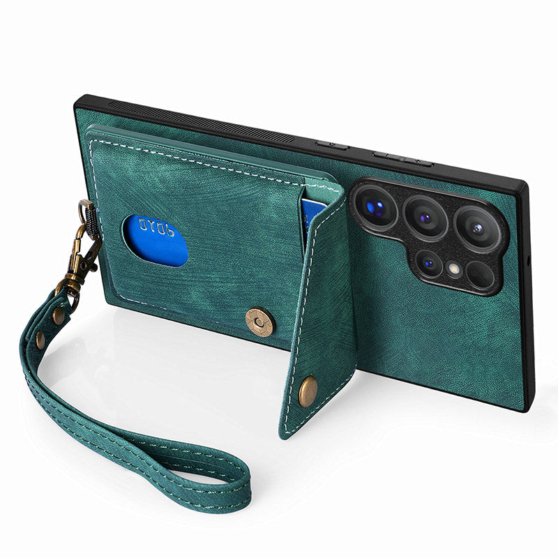 D1 For Samsung Galaxy S24 Ultra Phone Case with Card Holder Kickstand - Green