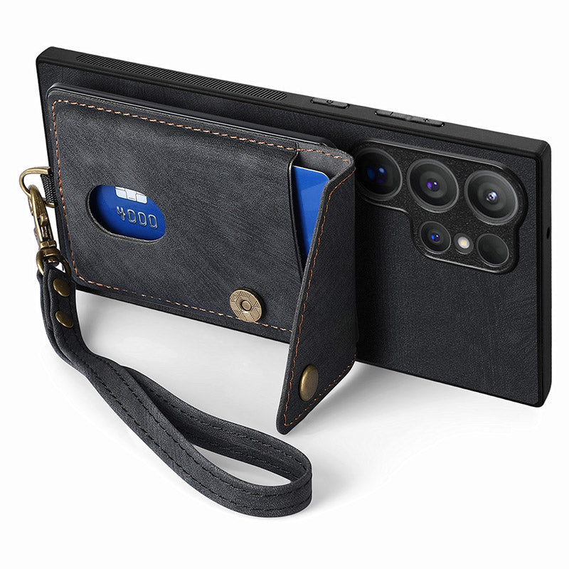 D1 For Samsung Galaxy S24 Ultra Phone Case with Card Holder Kickstand - Black