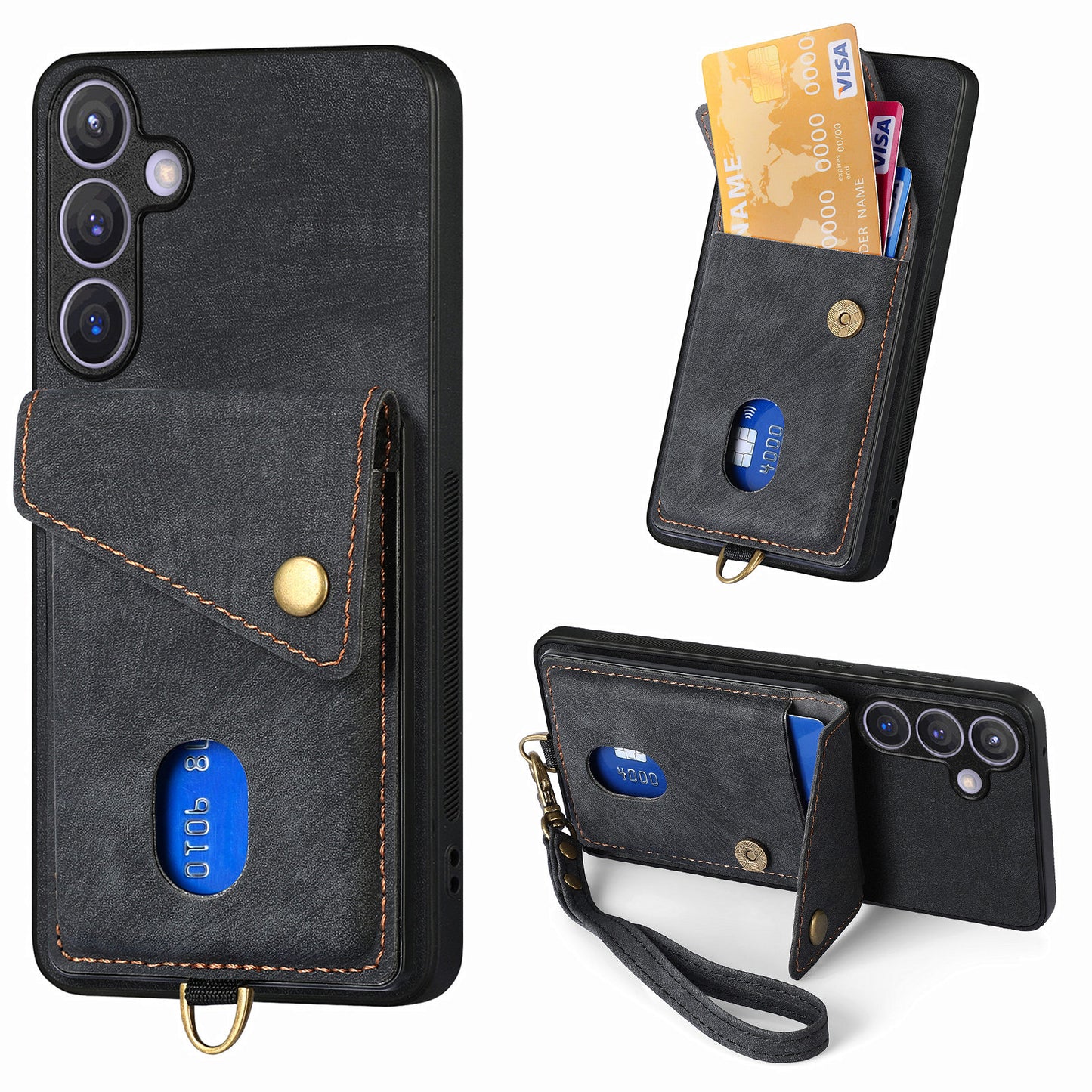 D1 For Samsung Galaxy S24+ Kickstand Case Card Holder Retro Leather Back Cover - Black