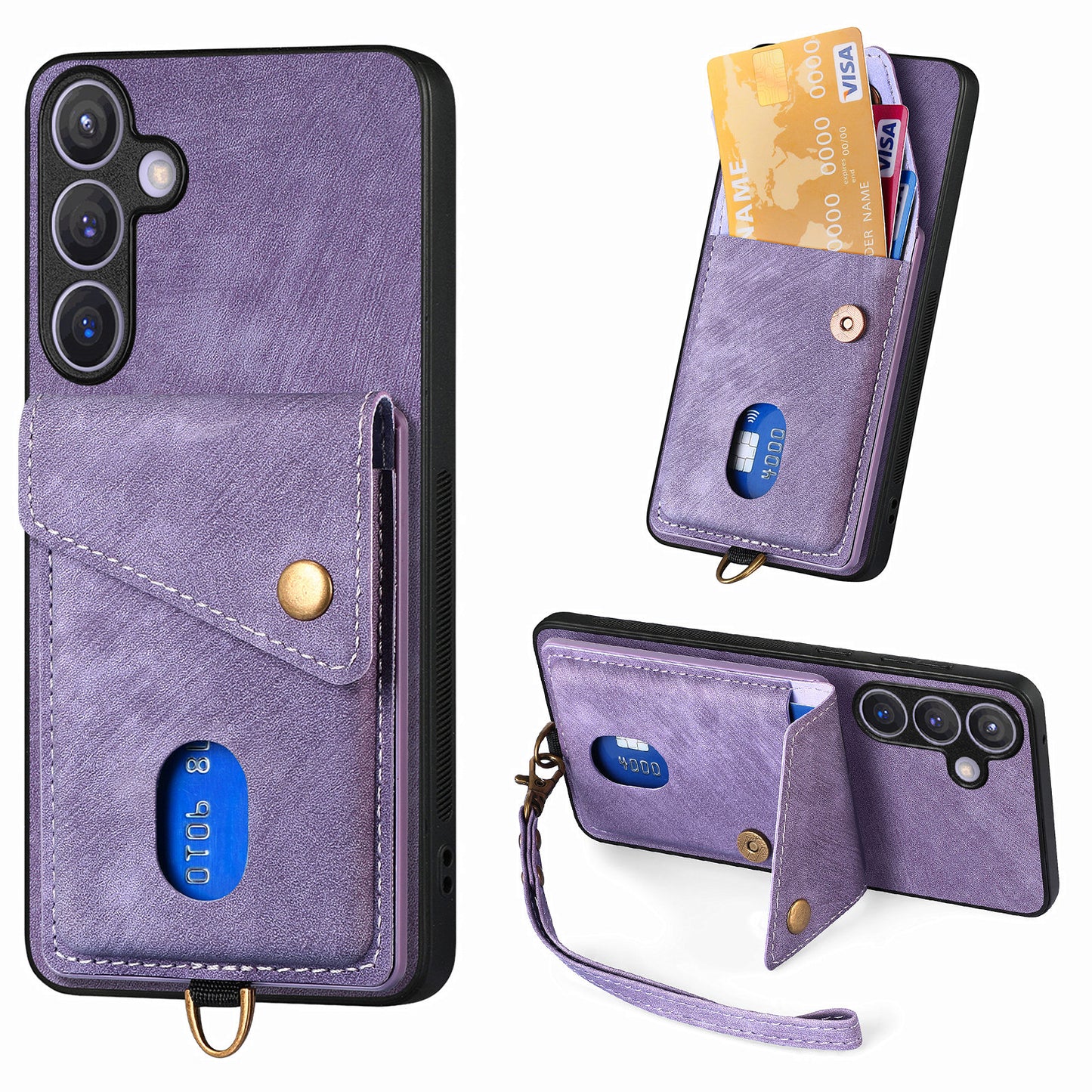 D1 For Samsung Galaxy S24+ Kickstand Case Card Holder Retro Leather Back Cover - Purple