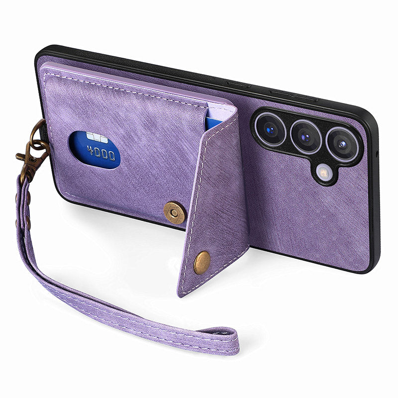 D1 For Samsung Galaxy S24+ Kickstand Case Card Holder Retro Leather Back Cover - Purple