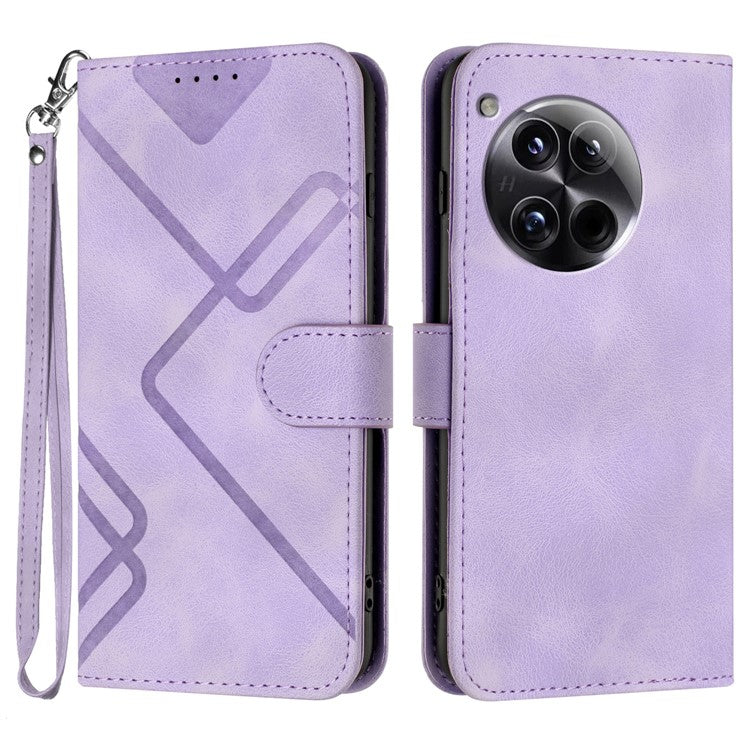 YX0040 For OnePlus 12 5G PU Leather Wallet Case Imprinted Line Geometric Protective Cover - Purple