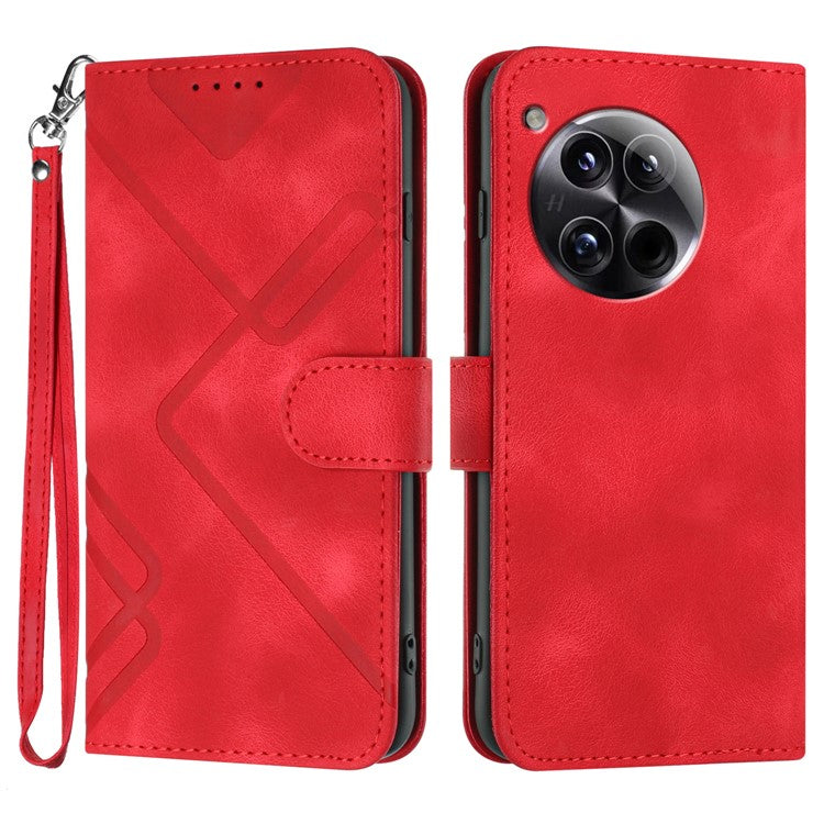 YX0040 For OnePlus 12 5G PU Leather Wallet Case Imprinted Line Geometric Protective Cover - Red