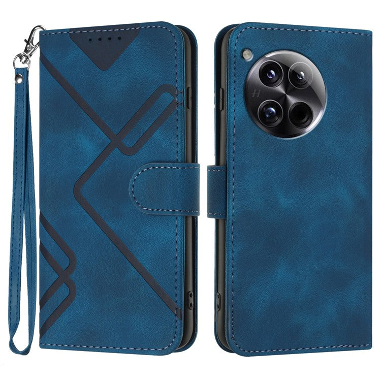 YX0040 For OnePlus 12 5G PU Leather Wallet Case Imprinted Line Geometric Protective Cover - Sapphire