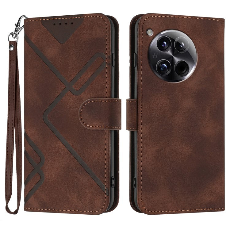 YX0040 For OnePlus 12 5G PU Leather Wallet Case Imprinted Line Geometric Protective Cover - Coffee