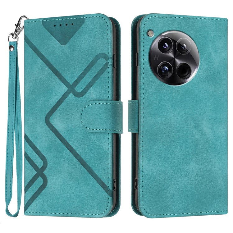 YX0040 For OnePlus 12 5G PU Leather Wallet Case Imprinted Line Geometric Protective Cover - Baby Blue