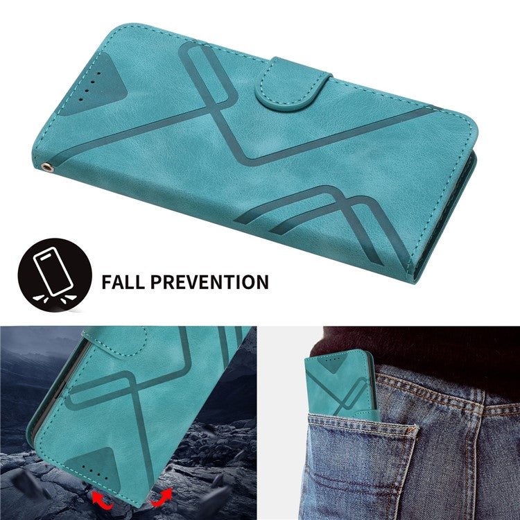 YX0040 For OnePlus 12 5G PU Leather Wallet Case Imprinted Line Geometric Protective Cover - Baby Blue