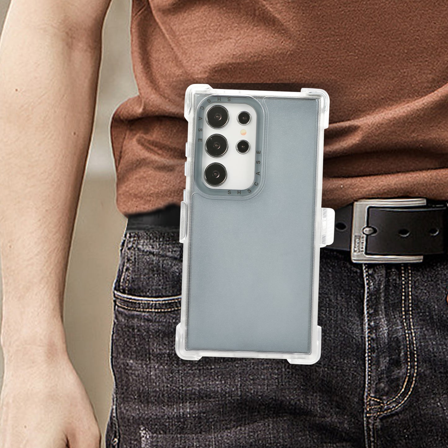For Samsung Galaxy S24 Ultra Slide Belt Holster Case Kickstand Matte PC+TPU Mobile Phone Cover - Transparent Sapphire