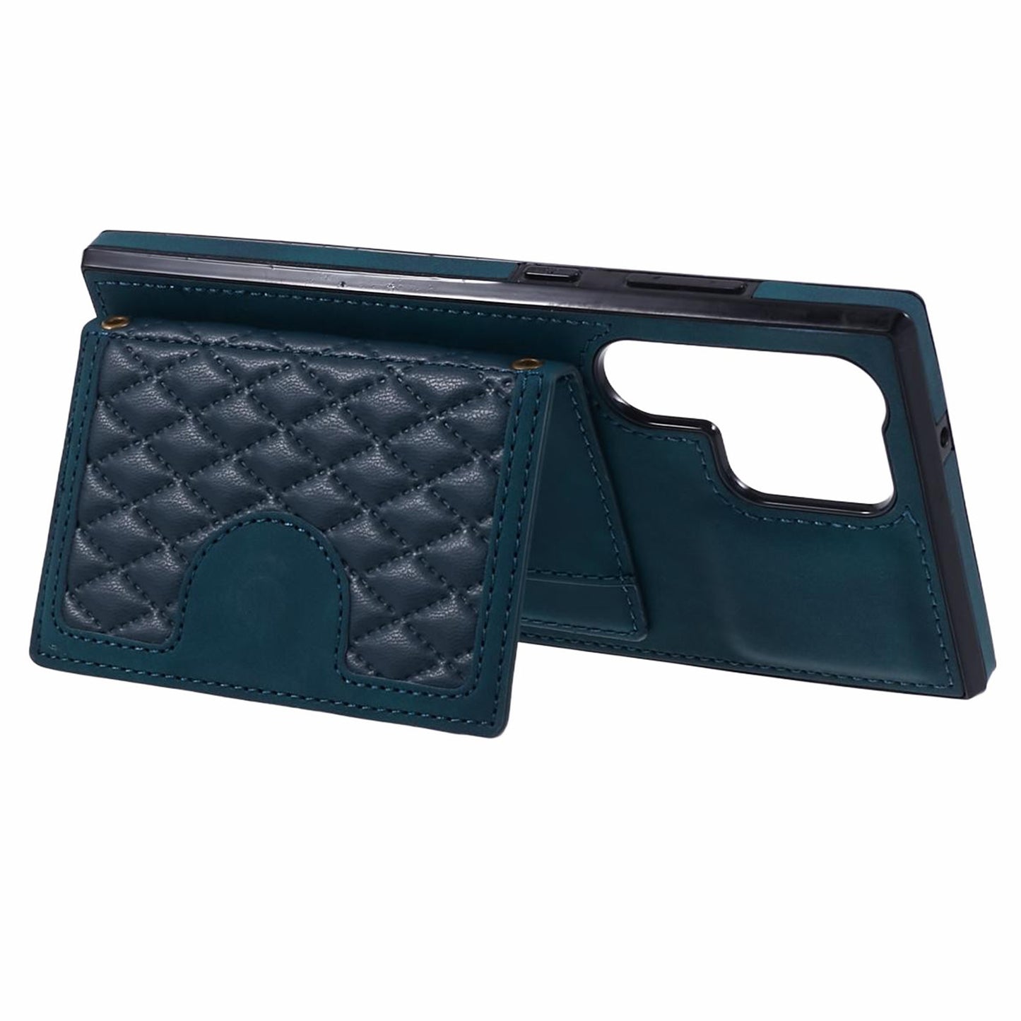 For Samsung Galaxy S24 Ultra Cell Phone Case Rhombus Imprinted Card Holder Cover with Long Strap - Green