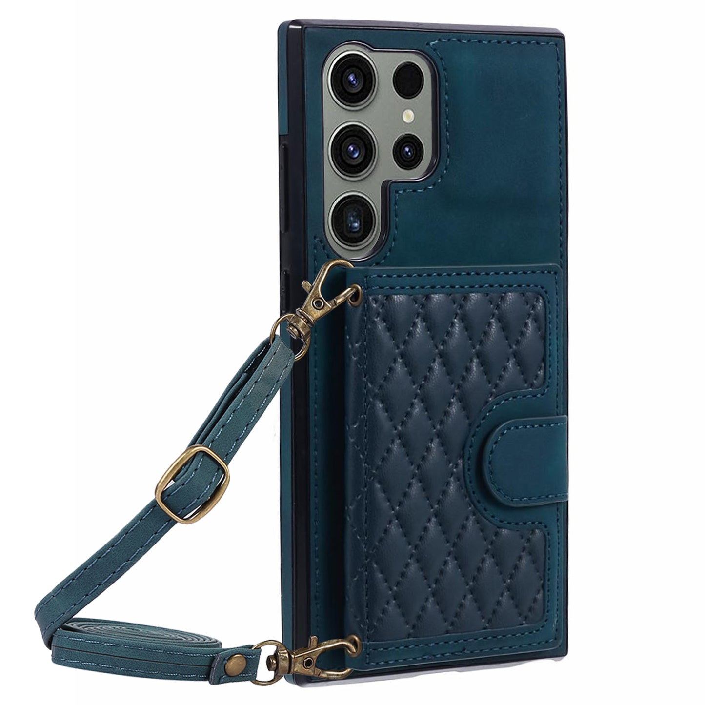 For Samsung Galaxy S24 Ultra Cell Phone Case Rhombus Imprinted Card Holder Cover with Long Strap - Green