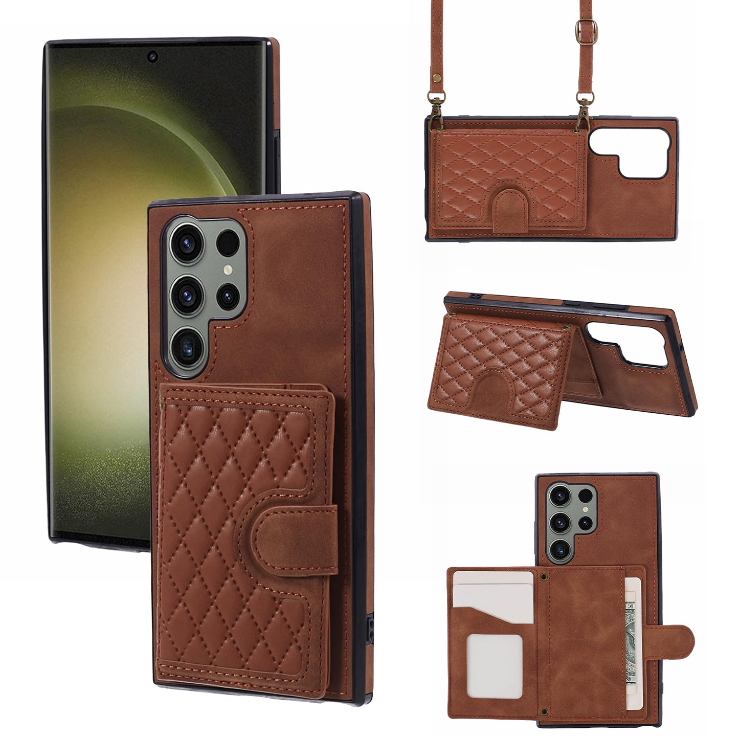 For Samsung Galaxy S24 Ultra Cell Phone Case Rhombus Imprinted Card Holder Cover with Long Strap - Brown