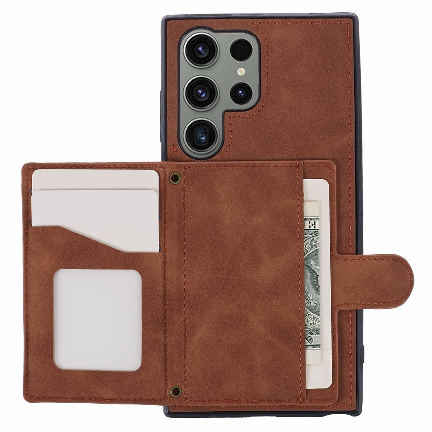 For Samsung Galaxy S24 Ultra Cell Phone Case Rhombus Imprinted Card Holder Cover with Long Strap - Brown