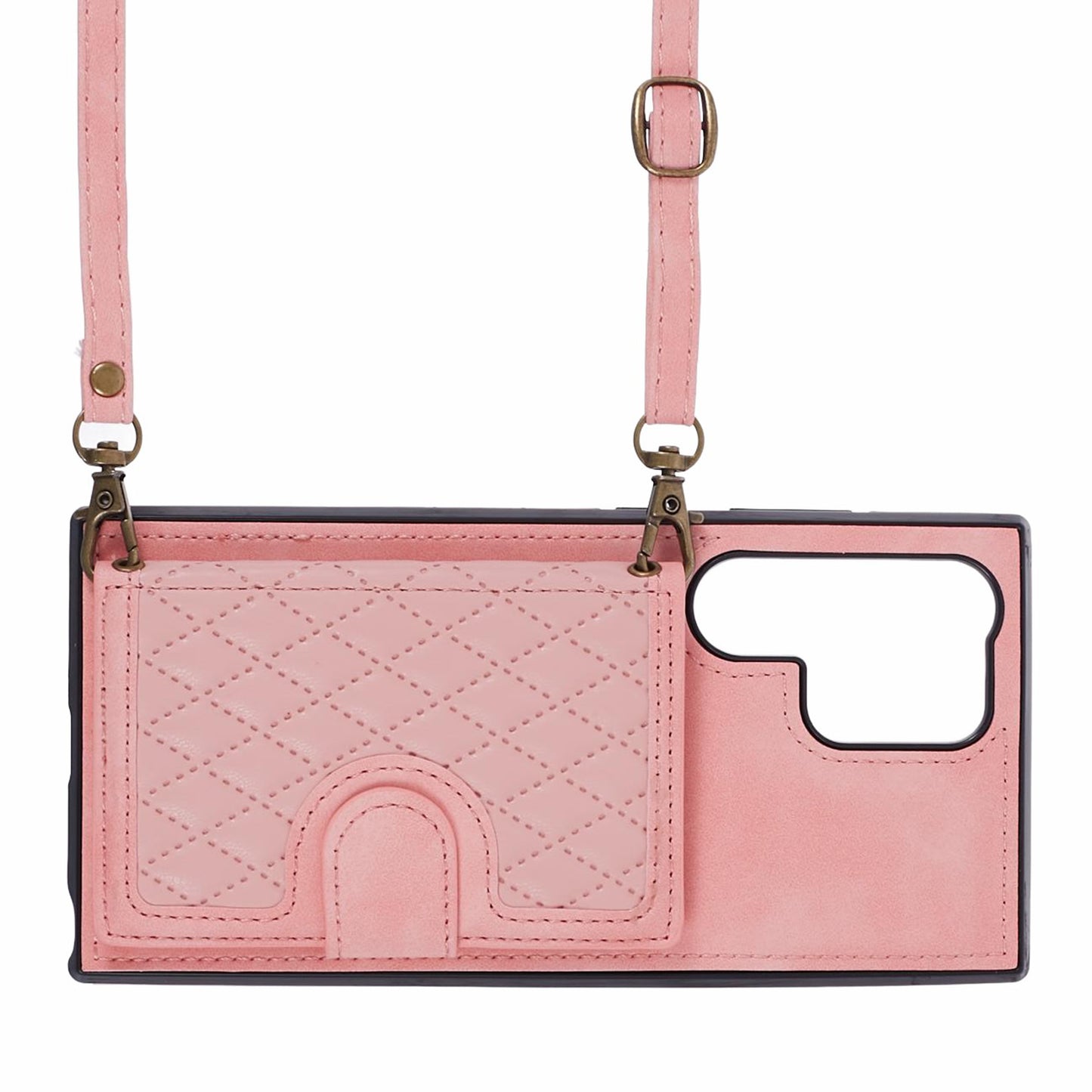 For Samsung Galaxy S24 Ultra Cell Phone Case Rhombus Imprinted Card Holder Cover with Long Strap - Rose Gold